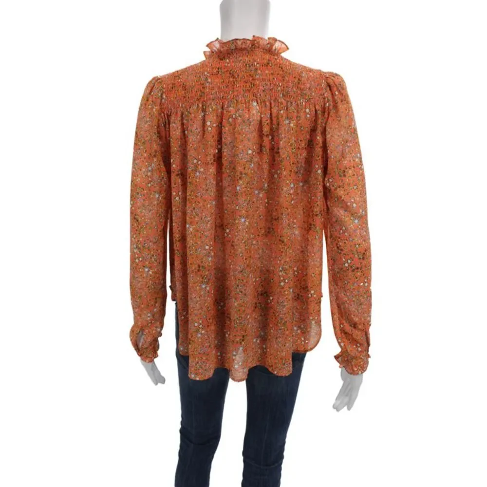 Free People Womens Tunic Orange Floral High Neck Long Sleeve Boho Size XS